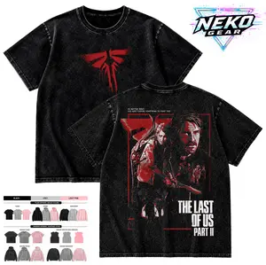 Neko Gear Men's Oversized Ribbed Garment-Dyed Breathable Vintage Cotton Fabric Short-Sleeve The Last of Us Part II Graphic T-Shirt - Joel Ellie Survival Horror Gaming Streetwear Tee