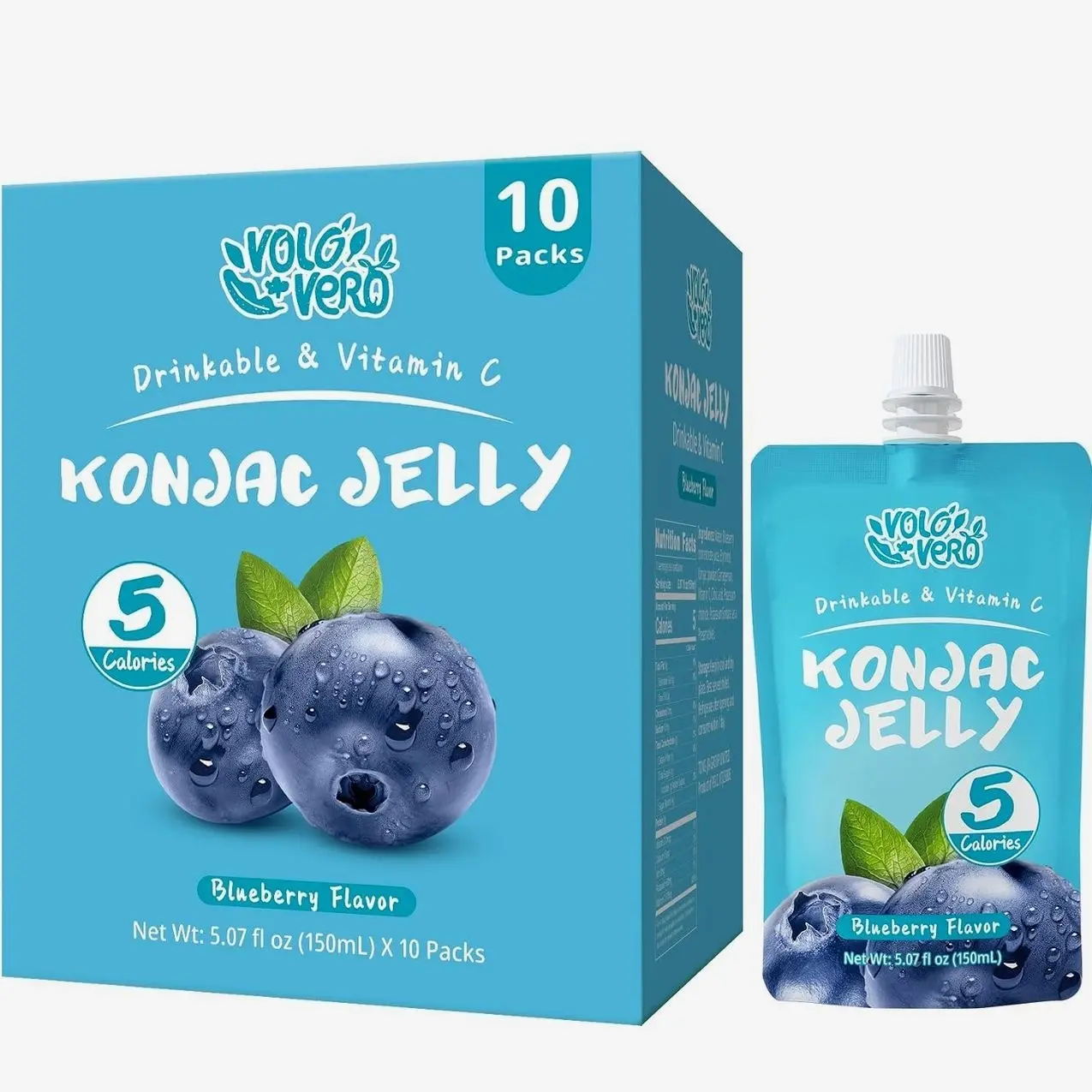 VOLO VERO Konjac Jelly Drinkable Pouch, Blueberry Flavor, 10 Pack | 5 Calories, Gluten Free, Vegan, Low Sugar, Keto, Fat Free, Plant-Based Fruit Snack with Vitamin C | Healthy On-the-Go Gift