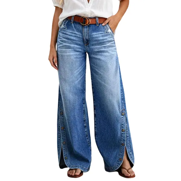 Flamingals Wash Side Button Detail Split Mid Waist Wide Leg Jeans Without Belt Womenswear Stretchy 29.7" Inseam
