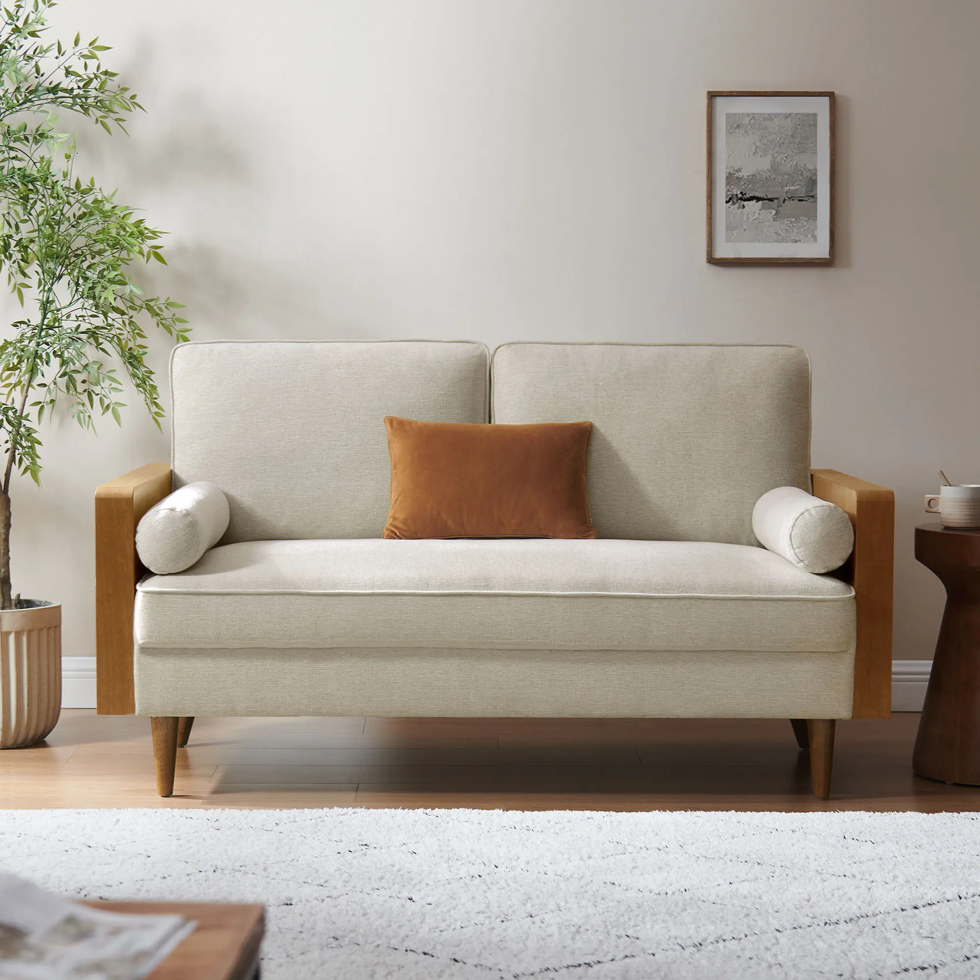 Kellan Modern Upholstered Sofa Loveseat - Mid Century Modern Comfy Couch with Walnut Heathered Weave Fabric, Feather Blend Soft-Body Light Beige Indoor Furniture