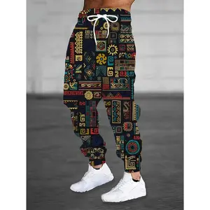 Men's Plus Size Casual Athletic Joggers - Vibrant Geometric Print, Drawstring Waist, Polyester Knit Fabric, Comfortable for Casual Attire, Athletic Leisure Pants |   Casual Sporty Look |   Pocketed Joggers, PLUS SIZE