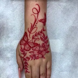 4 Pc Washable Temporary Tattoo, Vivid Red Ink FloweiMinimalist Design, Suitable For Daily Use