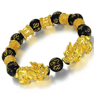 Feng Shui Lucky Charm Bracelets for Men & Women - Natural Stone, Wealth Attraction Pixiu Design Black 12mm Beads Bracelet