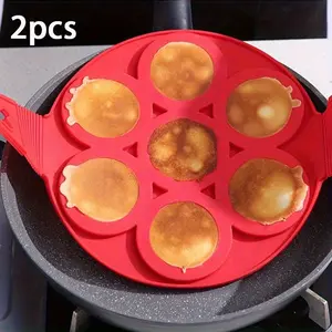 2PCS Multi-Shape Silicone Pancake Mold - Non-Stick, Reusable Red Flip and Cook Maker for Easy Baking & Frying | Heart, Round, Star, Flower Designs | Kitchen Essential for Perfect Pancakes & Fried Eggs