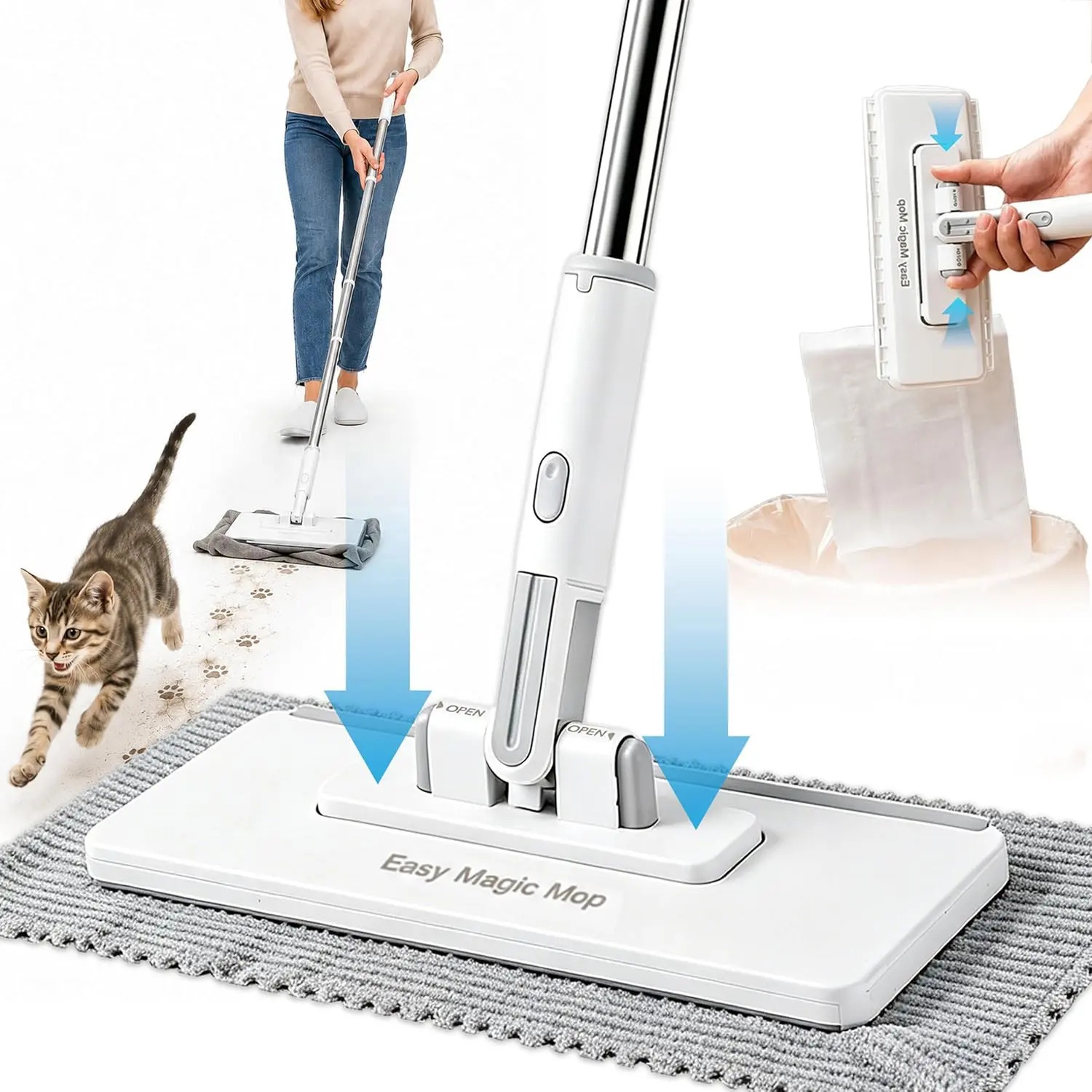 Hands-Free Multi-Purpose Flat Mop with 48" Stainless Steel Handle, Snap Grip, No-Touch Dirty Cloth Release, 4 Reusable Cloths, Adjustable Durable Home Cleaning Tool for Floors, Walls, Ceilings