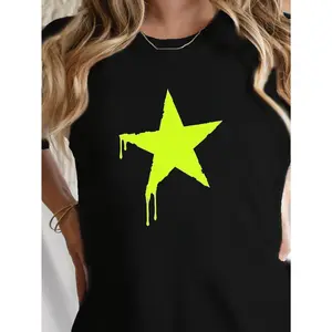 Neon Green Star Graffiti Style Print T-shirt, Short Sleeve Crew Neck Casual Top for Summer & Spring, Women's Clothing