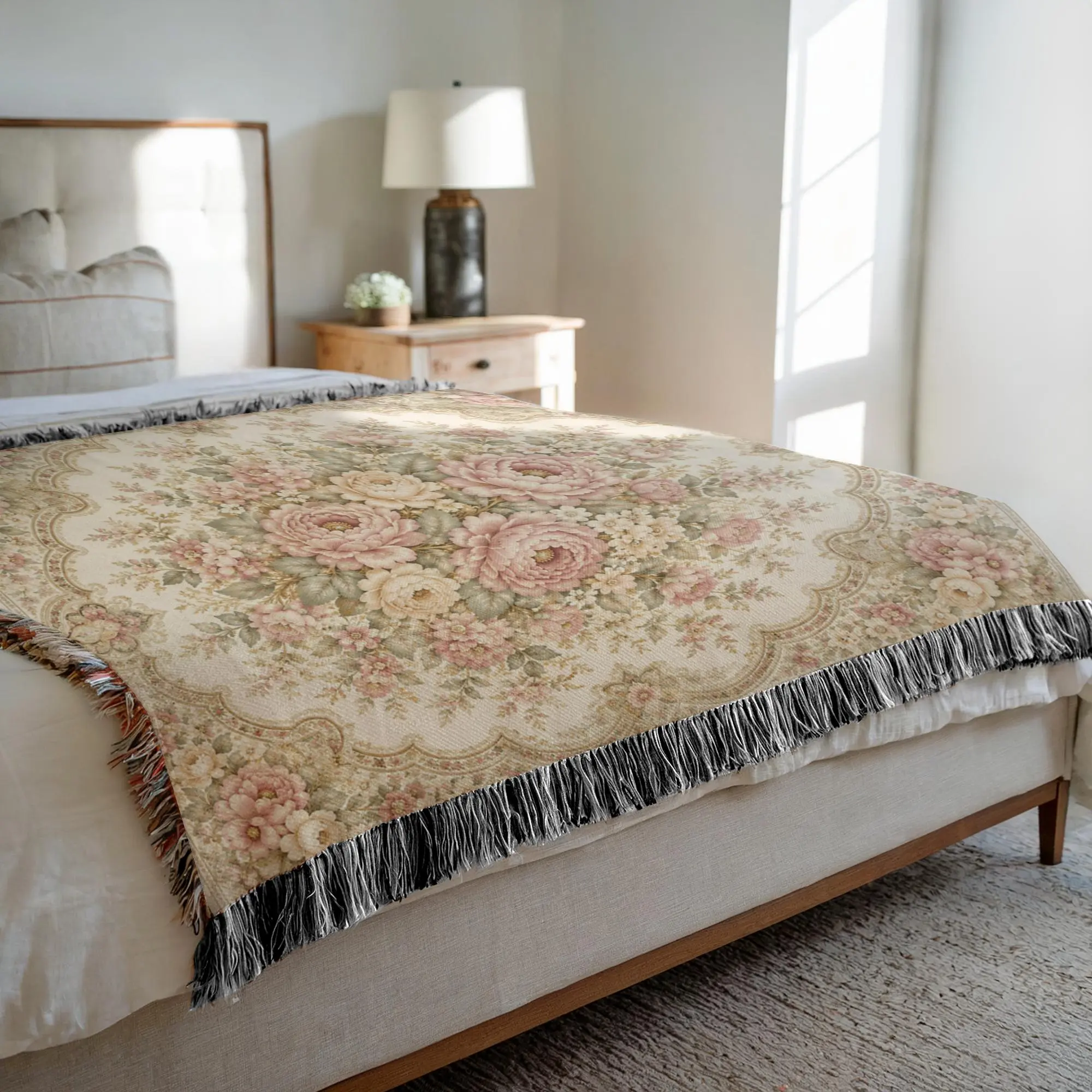 Slavic Babushka Floral Cottagecore Woven Blanket | Reversible Boho Throw