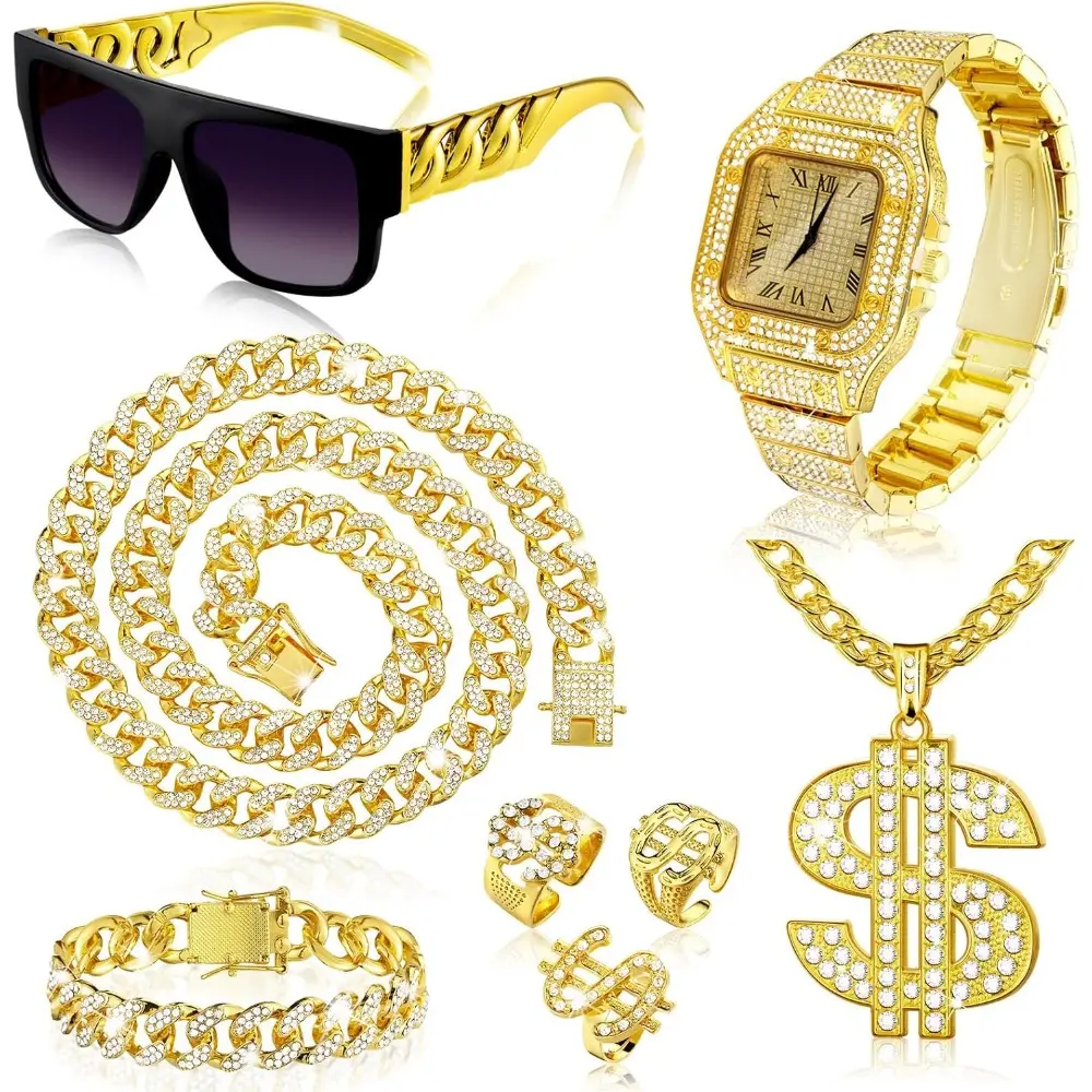 8-Piece Hip Hop Jewelry Set for Men, Rapper Costume Accessory Kit with Dollar Sign Necklace, Iced Out Watch & Rings for 80s 90s Parties, Accessory Set, Jewellery Gift Set