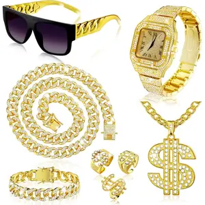 8PCS Hip Hop Jewelry Set Dollar Sign Pendant Necklace Bracelet Diamond Watch Punk Glasses Lucky Rings for Men hip-hop