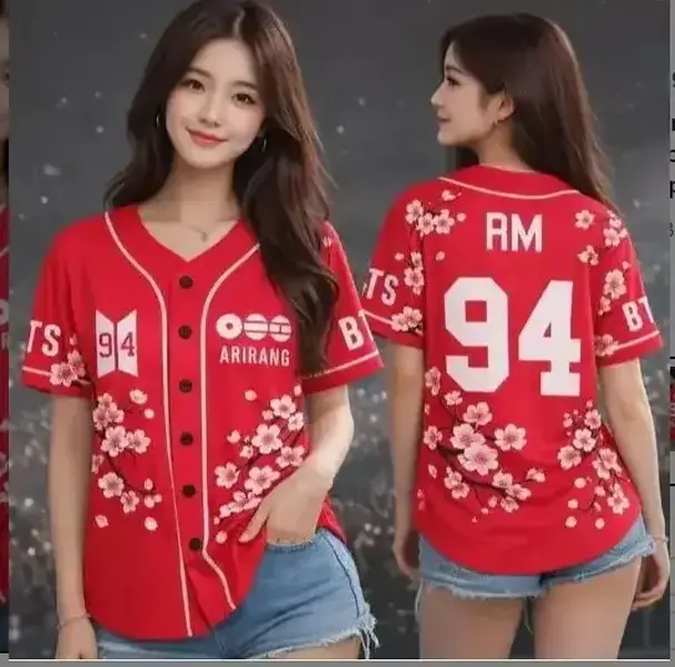 Red Cherry Blossom Kpop Fan Baseball Jersey Pink Sakura Floral Short Sleeve Button Shirt Concert Outfit Oversized Streetwear Gift for Fan