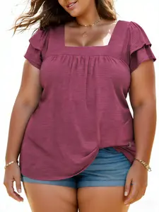 Plus Size Summer Tops for Women Petal Short Sleeve Square Neck Tunic Shirts Flowy Pleated Dressy Shortsleeve Blouses XL–5XL VPS0130 tshirts