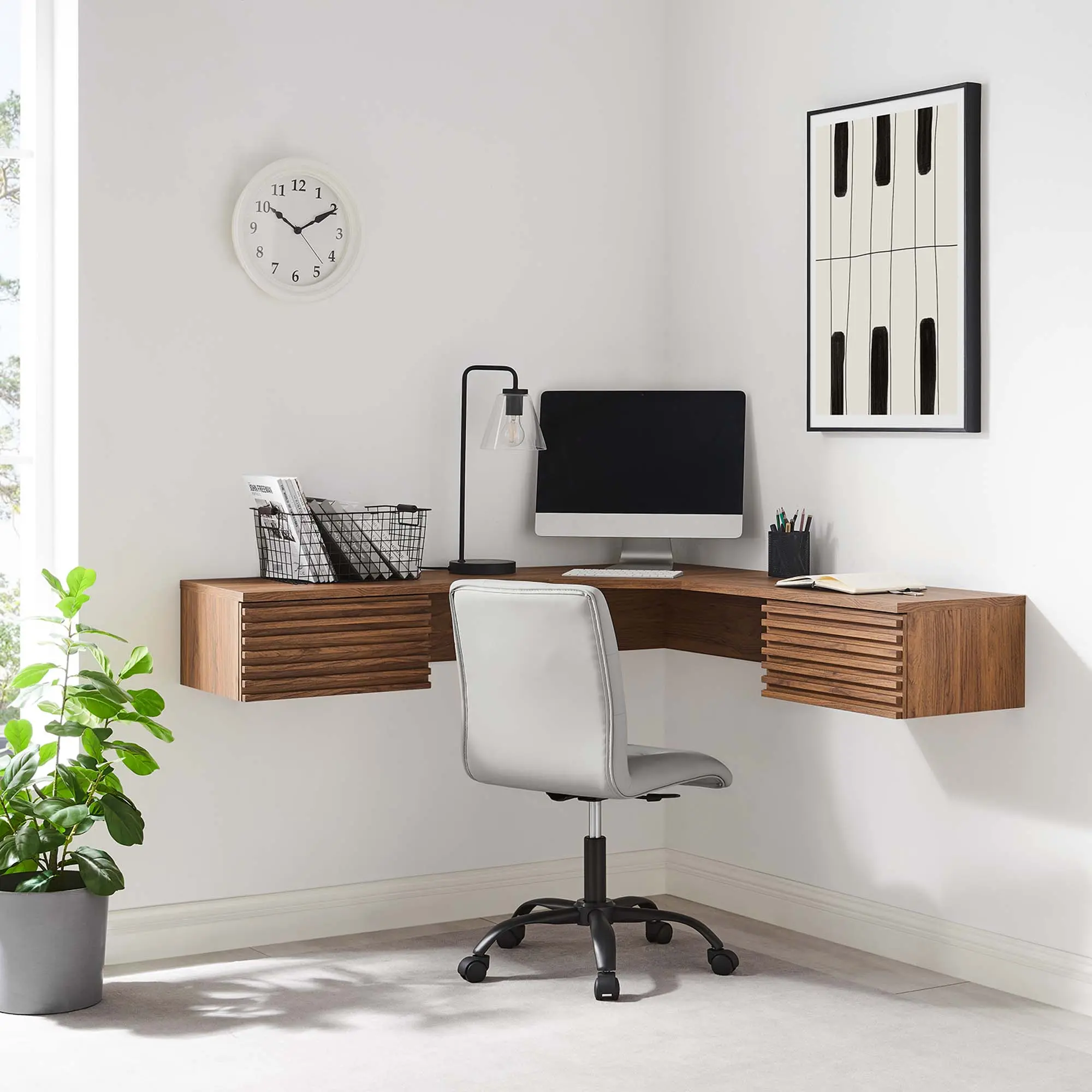 Modway Render Wall Mount Corner Office Desk in Walnut Modway Render Wall Mount Corner Office Desk in Walnut
