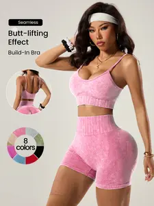Hijesse Seamless Washed Pink Workout Set for Women, Butt Lifting High Waist Biker Shorts with Built-in Bra Crop Top, 8 Colors Available Gym Yoga Activewear, Suitable for Spring & Summer Wear