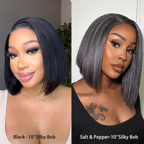 Luvmehair Female Black-6'' Short Pixie Cut Bob Straight Wig, Mature Boss Salt and Pepper Glueless HD Lace Human Hair Wig, Ready To Wear, Glueless Straight Wig