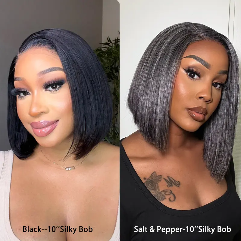 Luvmehair Female Black-6'' Short Pixie Cut Bob Straight Wig, Mature Boss Salt and Pepper Glueless HD Lace Human Hair Wig, Ready To Wear, Glueless Straight Wig