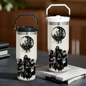 Band S-Sleep T-Token Pattern Vacuum Flasks 30oz Stainless Steel Flip Straw Tumbler with Handle | Leakproof Twist Lid | Double Wall Vacuum Insulated BPA-Free Reusable Cup for Gym, Work & Travel Insulated Travel Drinkware