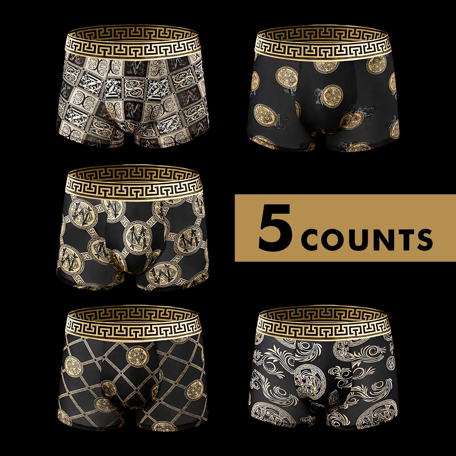 5 Pack Men's Black & Luxe Gold Printed Boxer Briefs - Breathable Elastic Soft All-Season Underwear Fabric Stylish