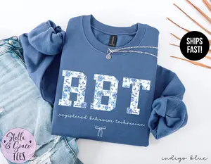 RBT Sweatshirt / Short Sleeve T-SHIRT  , Registered Behavior Technician , ABA Therapist , Blue Toile Behavior Tech Shirt Womenswear Crewneck