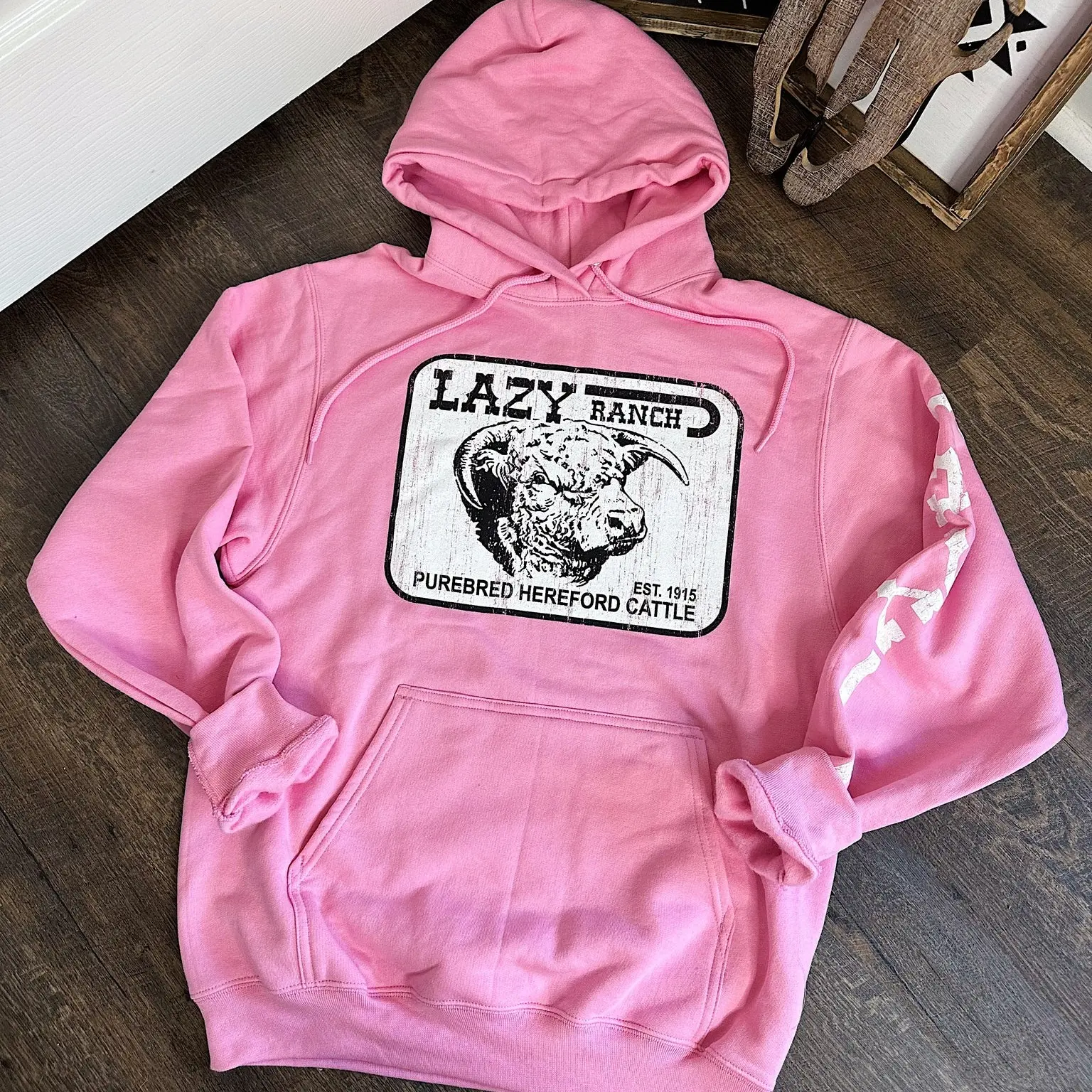 Pink Lazy J Ranch Hoodie – Western Style Pullover for Women, Ranch Rodeo Country Sweatshirt – Willow Cattle Headquarters Western Pullover Sweatshirt for Cowgirls & Ranch Lovers