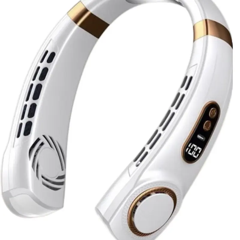 White 4000mAh Portable Neck-Hanging LED Fan - Intelligent Digital Display, USB-Powered, Mute, Multifunctional, Colorful Lighting, Suitable for Outdoor Activities, Night Running