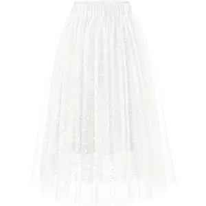 Sequin Tulle Midi Long Aline Skirts for Women Elastic High Waisted Lined Wedding Party Skirt
