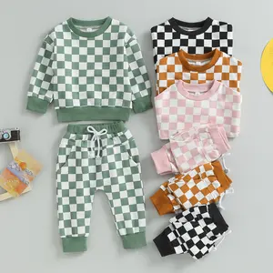 Toddler Baby Boy Girl Fall Outfits Checkerboard Plaid Sweatshirt Tops Elastic Jogger Pant 2PCS Sweatsuit Outfit