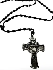 Jesus Christ Black Thread Rosary Stainless Steel Pendant, Unisex, 20 inches long
