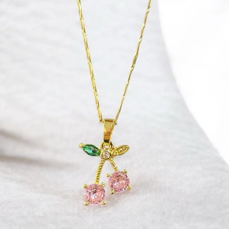 Pink Cherry Necklace 14k Gold Plated with Elegant Design and Durable Chain