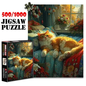 1pc 1000 piece adult puzzle 70x50cm Fluffy Orange Cat on Floral - Bedded Window - Side Scene with Wreath and Flowers 500 pieces of paper jigsaw puzzle, suitable for adults and families, large-s