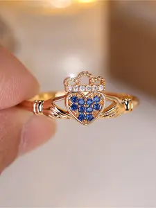 1pc Blue CZ Claddagh Ring, Golden Plated Heart Crown Promise Ring, Irish Style Jewelry for Women