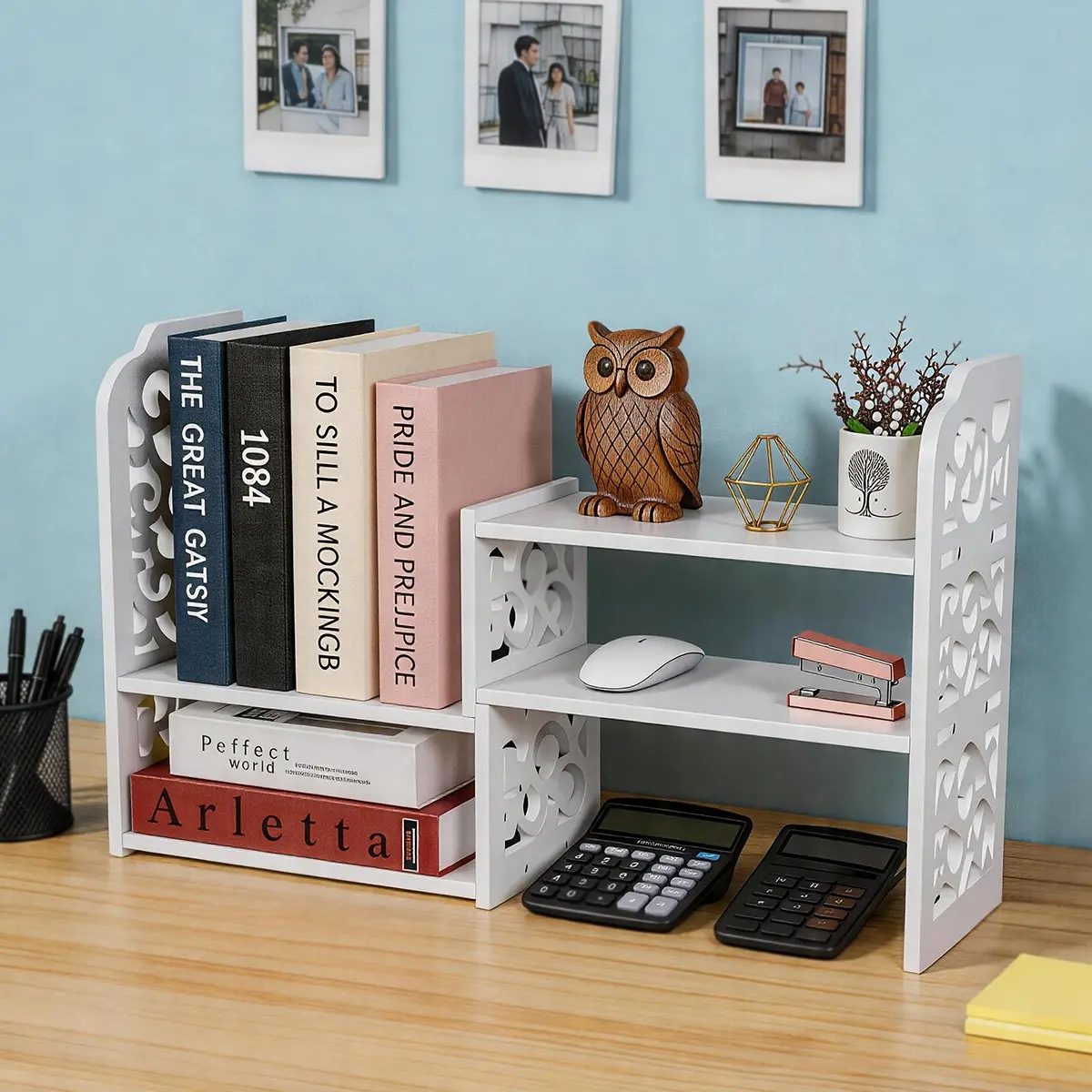 Bookshelf Desktop Organizer, Adjustable Multi-Layer Book Stand, Mobile Desk Storage Rack for Students and Office Use, Tabletop Workstation