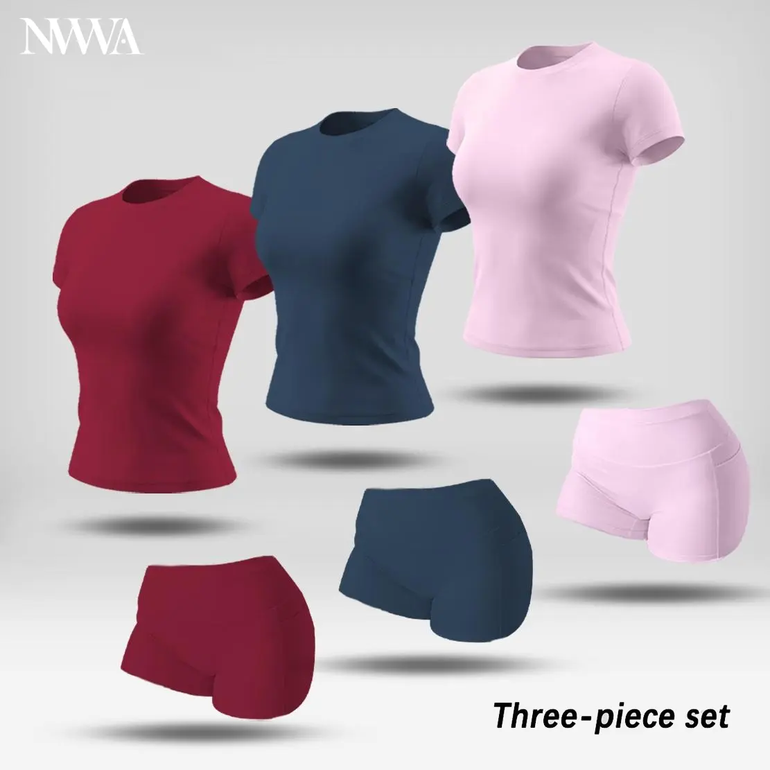 NVWA Women's 2-Piece Gym Sets - Round Neck T Shirts for Women, High Waist Pocket Shorts, Dry Fit Performance Minimalistic Activewear, Cooling Quick-Drying Flattering Tops for Yoga, Summer Outdoor Use, Workout Running Outfits, Yoga Outfit, Women's Matching