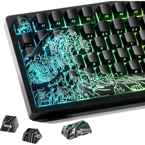 x XVX Kanagawa Keycaps 60 75 100 Percent - Shine Through Keycaps w/IMD Tech, for Mechanical Keyboards, Full 118 Key Set, OEM Profile, Lines Backlit, Side Printed - Black