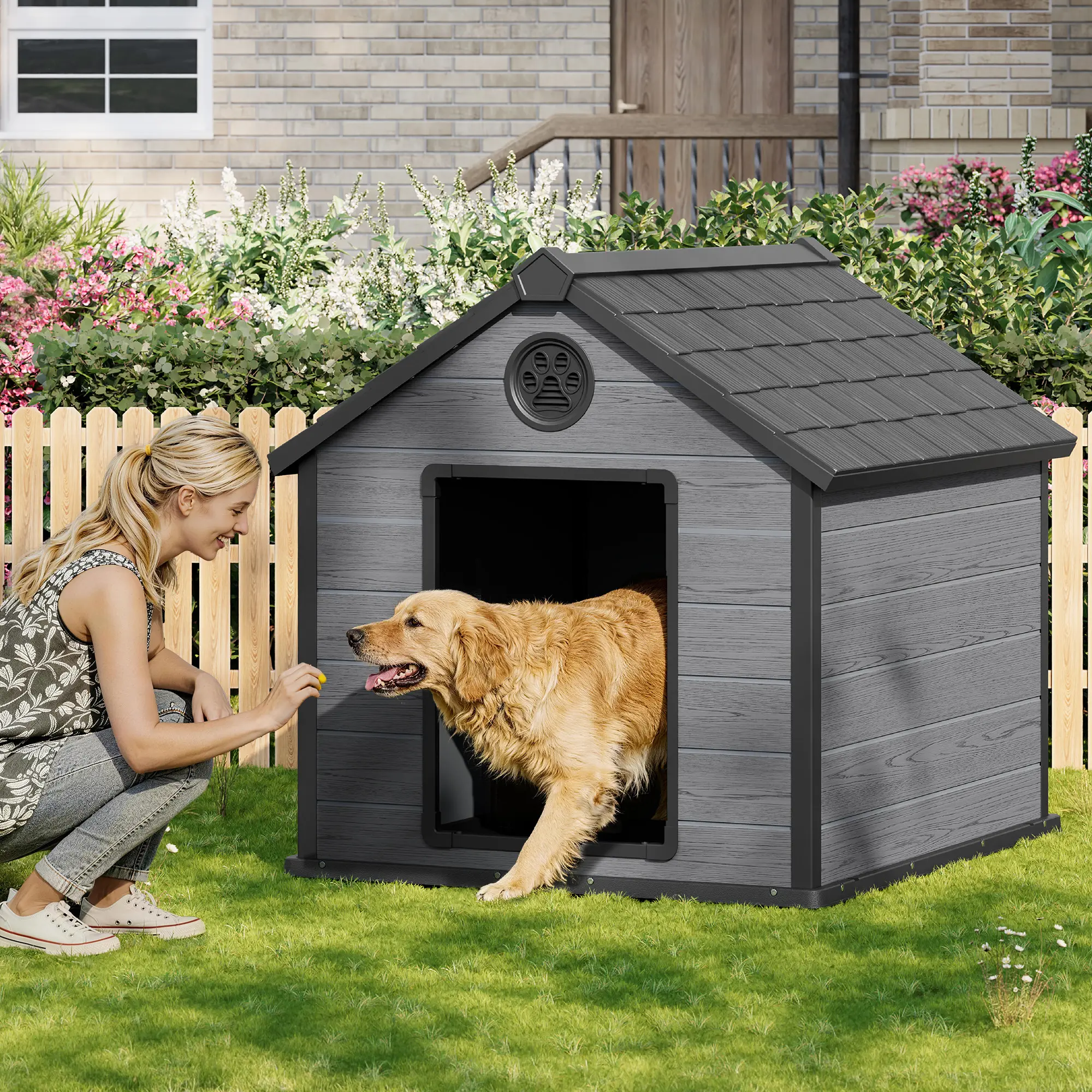 Weather Resistant Dog House with Ventilation, Durable Outdoor Plastic Dog Kennel with Elevated Floor, Ideal for Medium to Large Dogs, for Backyard, Patio, Terrace & Indoor Use