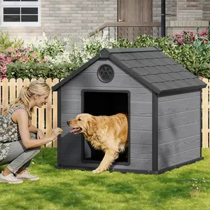 Weather Resistant Dog House with Ventilation, Durable Outdoor Plastic Dog Kennel with Elevated Floor, Ideal for Medium to Large Dogs, for Backyard, Patio, Terrace & Indoor Use