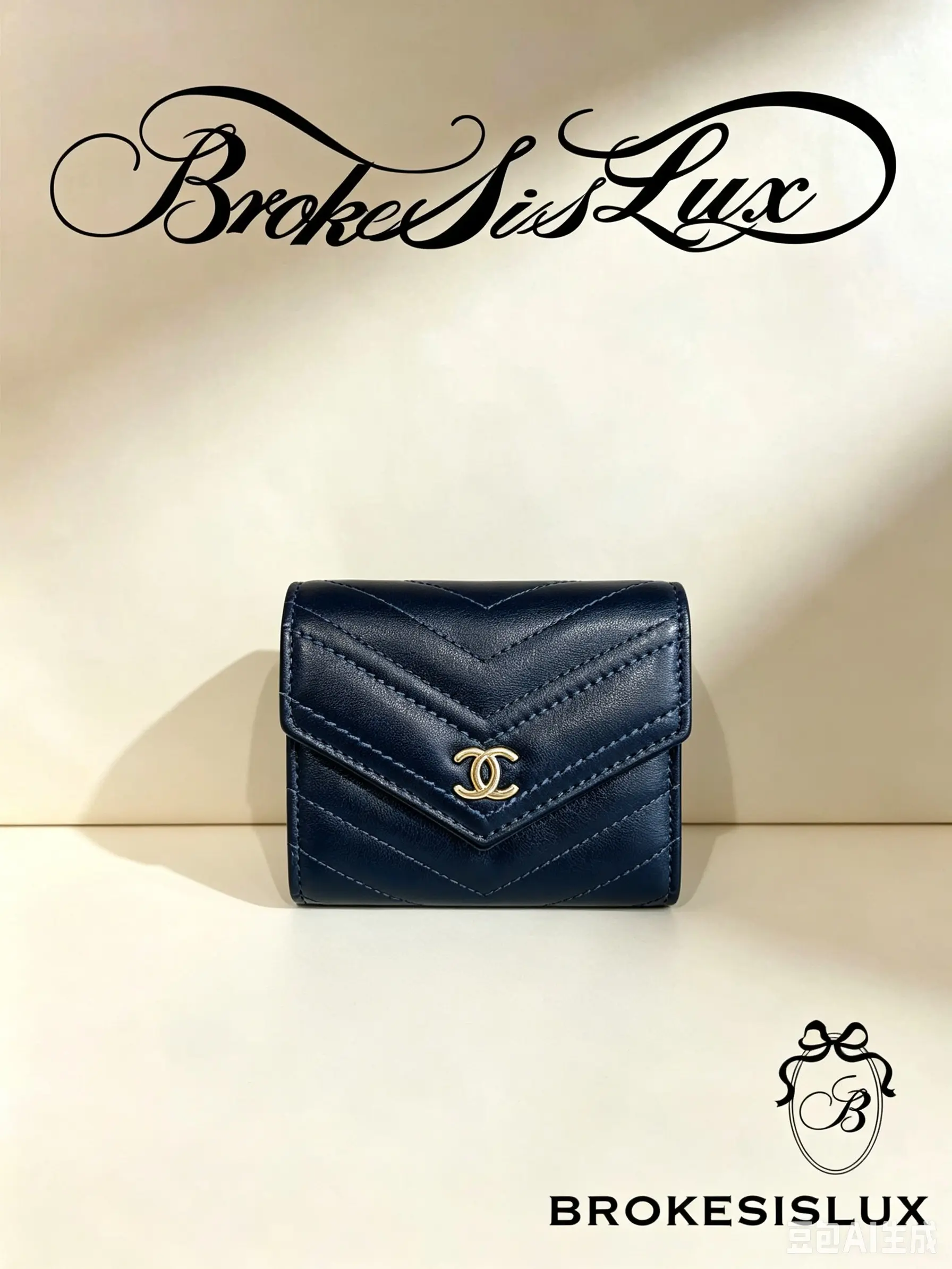 Pre-owned CHANEL Navy Blue Lambskin V Shaped Chevron Quilted Compact Trifold Wallet, Gold Interlocking CC Enamel Flap Clasp