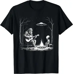 Bigfoot Guitar Tee Campfire Alien Ufo Camping Sasquatch T-Shirt Casual Shortsleeve