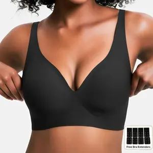 Women's Trendy Jelly Wireless Bra - No Underwire, Seamless, Soft Gel Push Up, Basic Plain, Deep V Tshirt Design, Plus Size Minimizer, Free Extension Buckle, Comfortable for Everyday Wear, Do Not Dry Clean