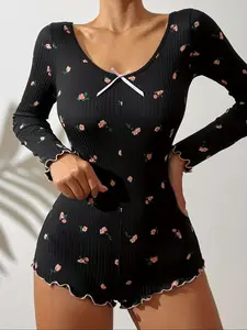 Women's Ditsy Floral Print Lettuce Trim Romper, Elegant Casual Soft Bow Scoop Neck Jumpsuit for Daily Wear, Women's Sleepwear Homewear for All Seasons, Floral Print Overalls