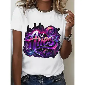 Women'S Aries Zodiac Print T-Shirt - Casual Crew Neck, Short Sleeve, Medium Stretch, Fun Summer Top with Vibrant Purple & Pink Design, All-Season Comfort, Casual Wear | Vibrant Print Top | Comfortable Fit