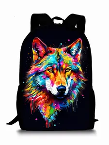 Rainbow-colored Wolf Pattern Printed Single-layer Backpack