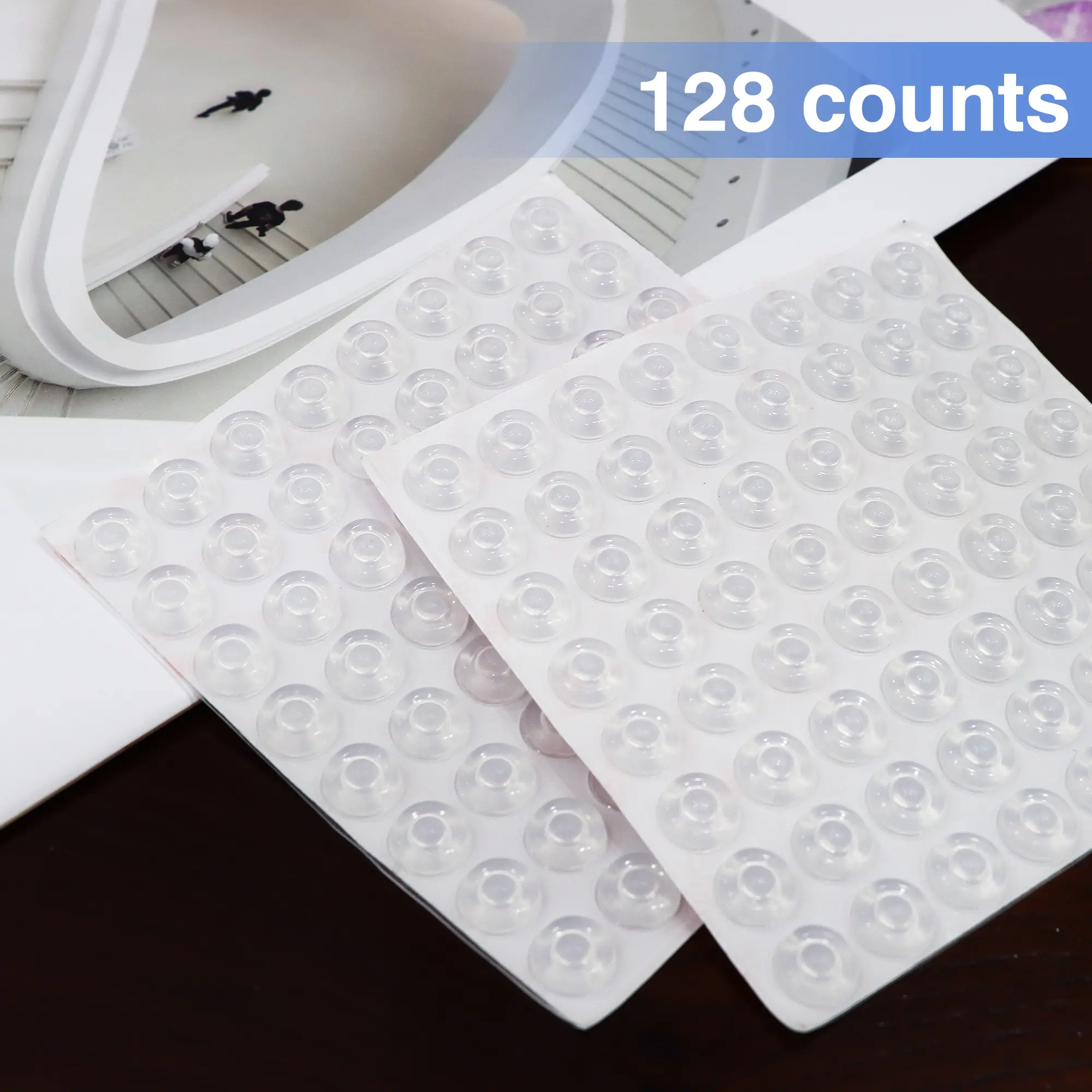 128-Count Eco-Friendly Transparent Self-Stick Silicone Circle Furniture Pads - No Residue, Noise-Reducing Cabinet Door Bumpers for Kitchen Cabinets, Home Furniture