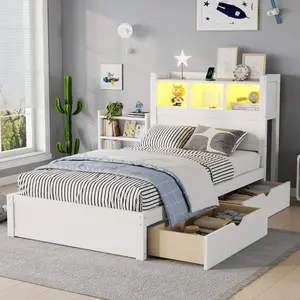 [Bellemave]Size Bed with Drawers, Wood Twin Bed with Storage Headboard and Pull Out Storage Cabinet, Wood Bed with Light and Socket, White(Expect Arrival Date 2026/2/10)
