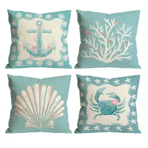 Coastal Throw Pillow Covers Set of 4 | Anchor Coral Seashell Crab Nautical Cushion Covers for Sofa Bedroom Car Vacation Party Home Decor 0511YN