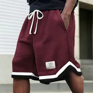 Plus-size men’s casual plaid knit shorts with color-block design, drawstring, multiple pockets — breathable polyester waffle fabric, regular fit, summer outdoor wear