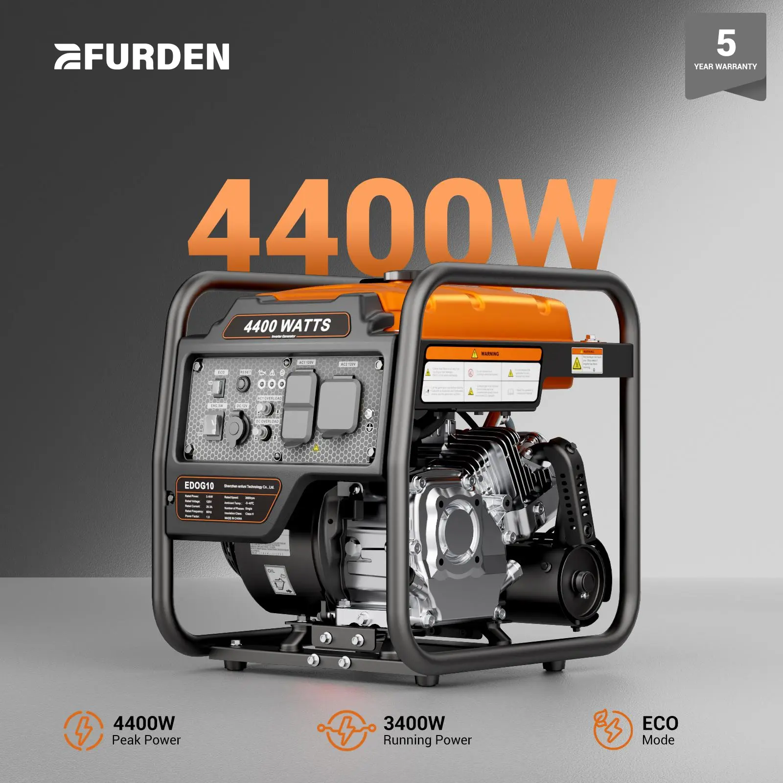 Efurden 4400-Watts Inverter Generator, Open Frame Generator Gas Powered, Emergency Home Backup, RV Ready 30A Outlet, EPA Compliment