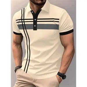 Men's Striped Print Contrast Binding Polo Shirt, Polo Shirts Men, Casual Classic Short Sleeve Button Front Polo Collar Shirt, Summer Clothes, Shortsleeve T Shirt for Summer, Summer Clothes, Breathable Menswear, Muscle Slim Polo