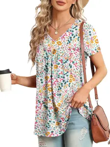 Women's Summer New Print V-Neck Short Sleeve Loose Fit T-Shirt Top, Casual Comfortable Vacation Wear, Ditsy Floral Pattern, Womenswear