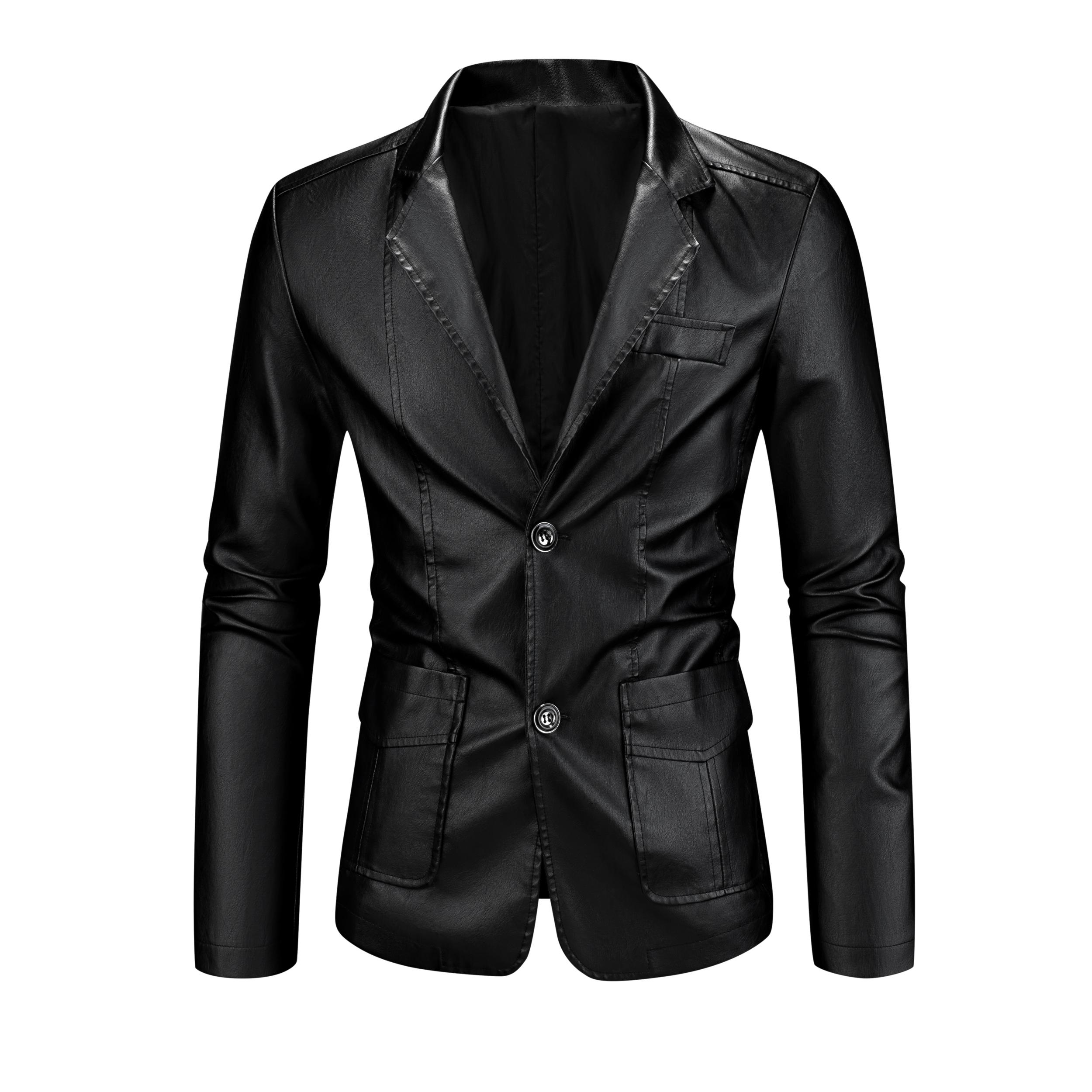 Men's Chic Faux Leather Slim-Fit Double-Button Blazer - Plain, Do Not Iron Business Casual Menswear for All-Seasons Commuting