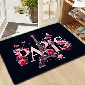 1PC Flannel Entrance Floor Mat Paris Eiffel Tower Design, Romantic French Luxury Home Decor, Non-Slip, Absorbent, Perfect for Door Mats